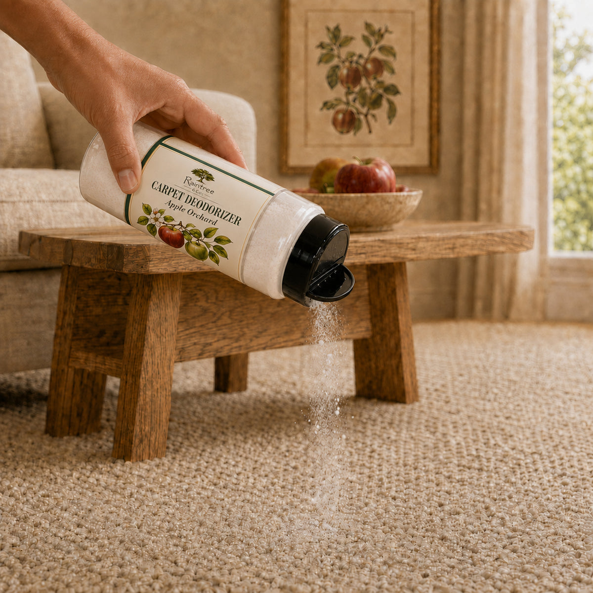 Raintree and Company Carpet Deodorizer, Apple Orchard scent, sprinkled on carpet