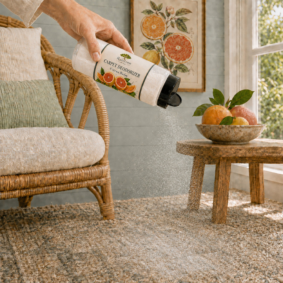 Raintree and Company Carpet Deodorizer, Citrus Balm scent, sprinkled on carpet