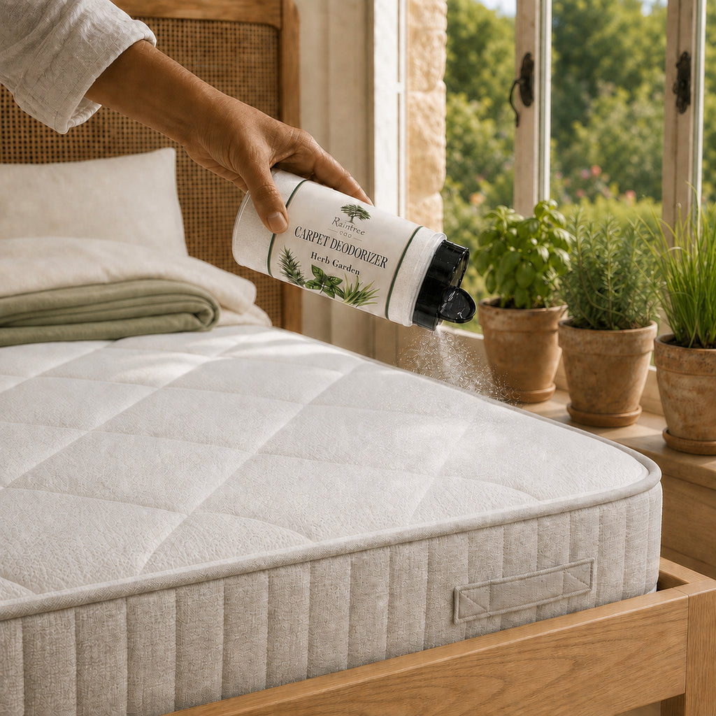 Raintree and Company Carpet Deodorizer, Herb Garden scent, used on a mattress