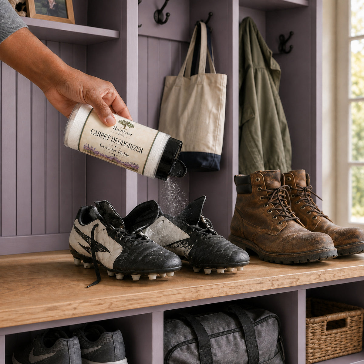 Raintree and Company Carpet Deodorizer, Lavender Fields scent, used in a mudroom