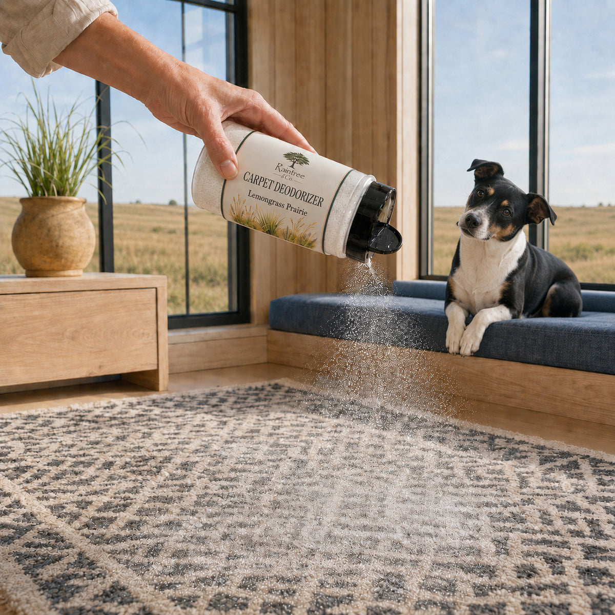 Raintree and Company Carpet Deodorizer, Lemongrass Prairie scent, with a dog on the carpet