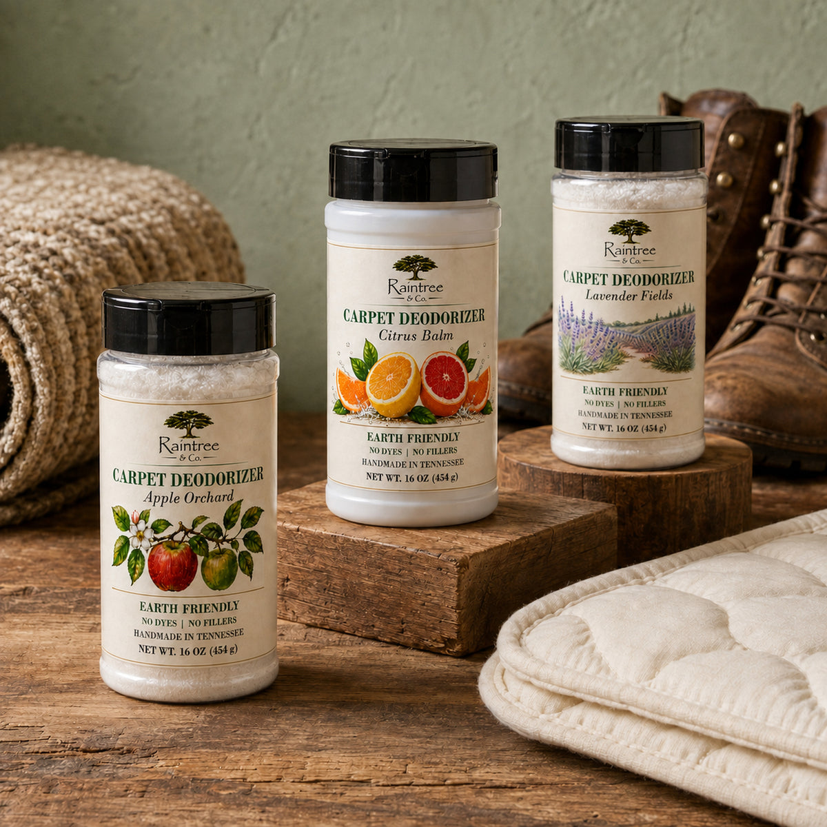 Raintree and Company Carpet Deodorizer product photo against a sage wall
