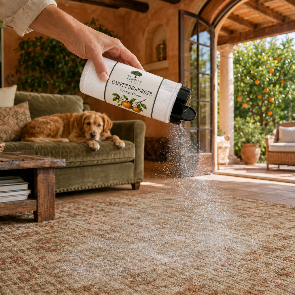 Raintree and Company Carpet Deodorizer, Orange Grove scent, with a dog on the carpet