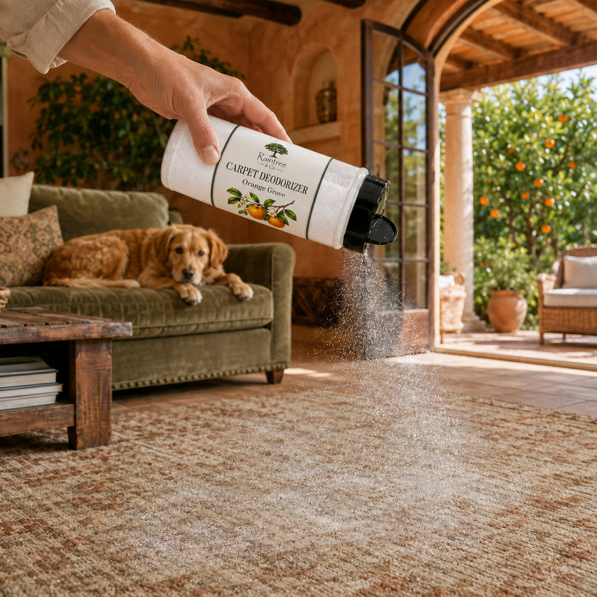 Raintree and Company Carpet Deodorizer, Orange Grove scent, with a dog on the carpet