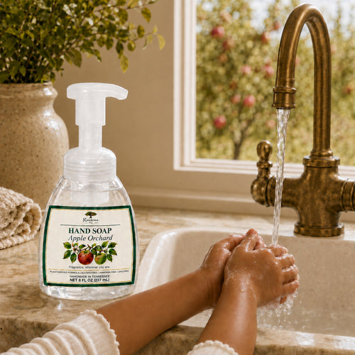 Raintree and Company Foaming Hand Soap, Apple Orchard scent, child washing hands