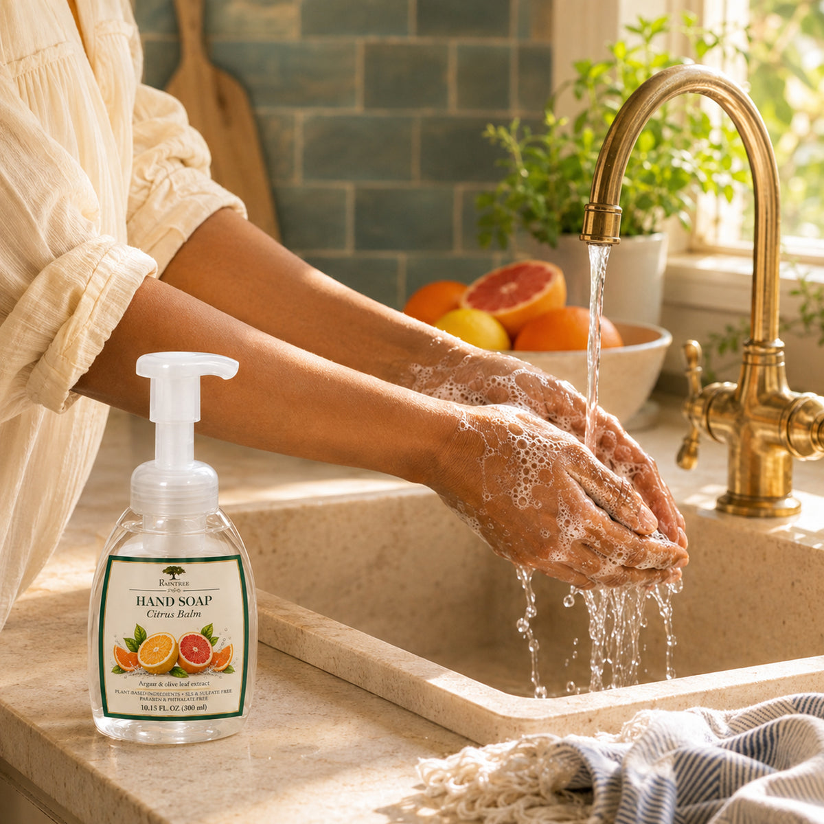 Raintree and Company Foaming Hand Soap, Citrus Balm scent, in a kitchen