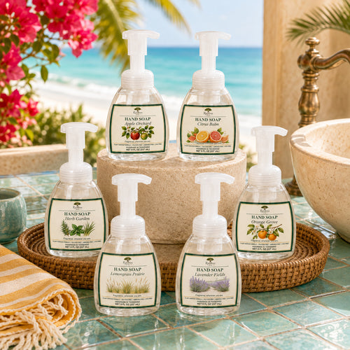 Raintree and Company Foaming Hand Soap collection, tropical beach setting