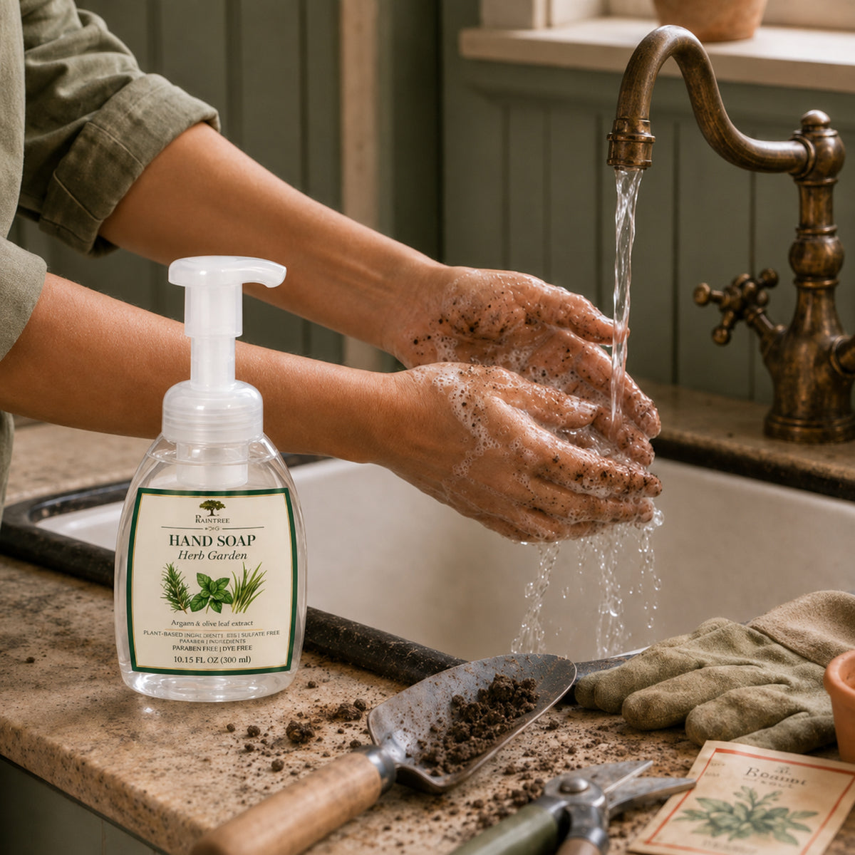 Raintree and Company Foaming Hand Soap, Herb Garden scent, in a mudroom