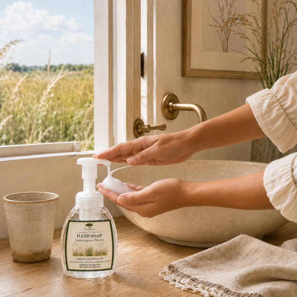 Raintree and Company Foaming Hand Soap, Lemongrass Prairie scent, pump in use
