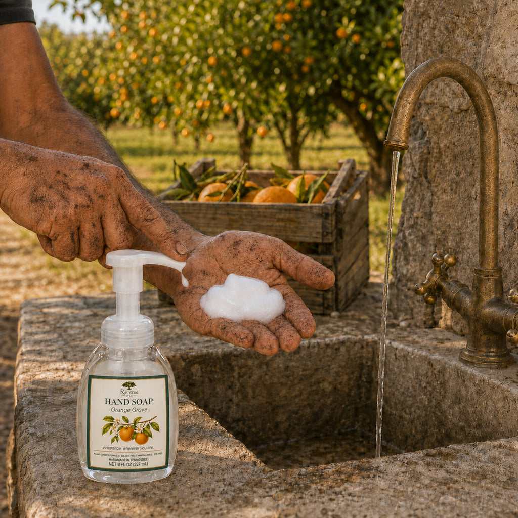 Raintree and Company Foaming Hand Soap, Orange Grove scent, washing dirty hands outdoors
