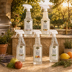 Raintree and Company Glass & Surface Cleaner bottle in an outdoor kitchen setting