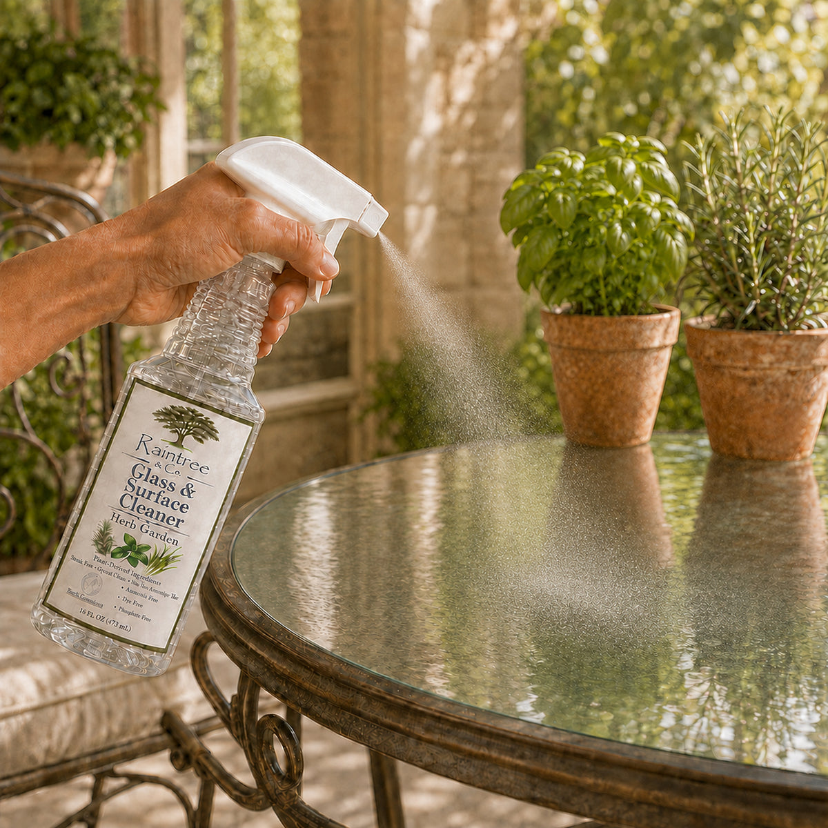 Raintree and Company Glass & Surface Cleaner, Herb Garden scent, in use