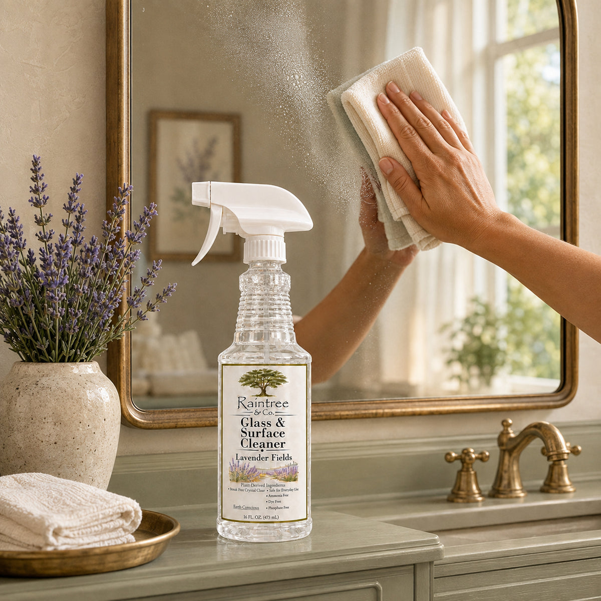 Raintree and Company Glass & Surface Cleaner, Lavender Fields scent, cleaning an aged brass mirror
