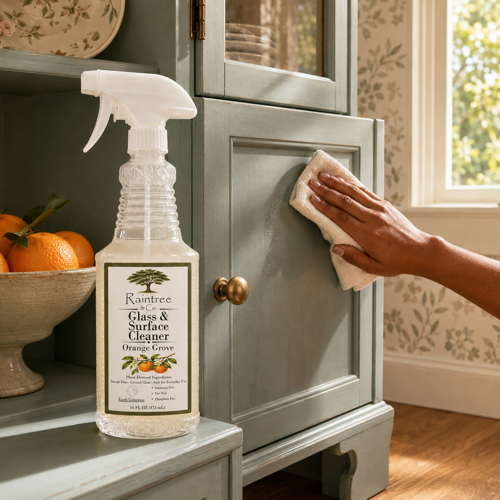 Raintree and Company Glass & Surface Cleaner, Orange Grove scent, cleaning a painted cabinet