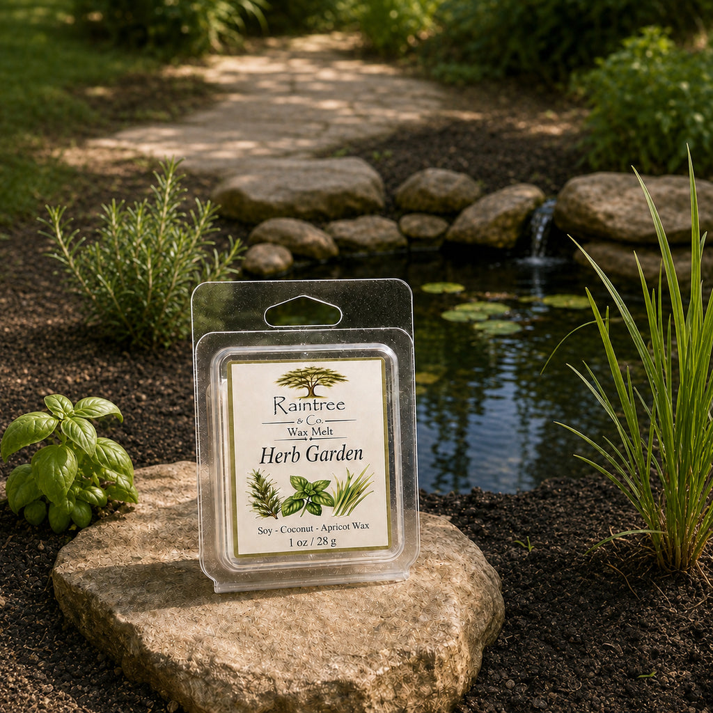 Raintree and Company 1oz Herb Garden wax melt beside an outdoor pond