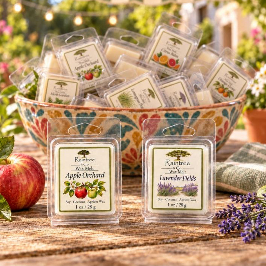 Raintree and Company 1oz wax melts in a bowl, two scents shown together