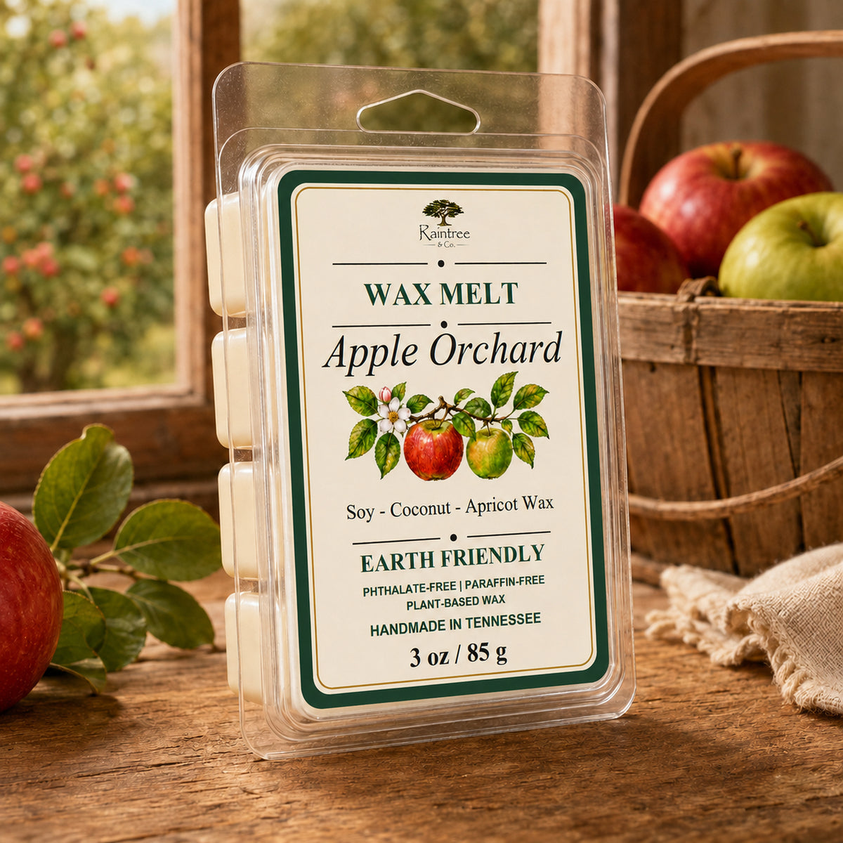 Raintree and Company 3oz Apple Orchard wax melt clamshell, front view