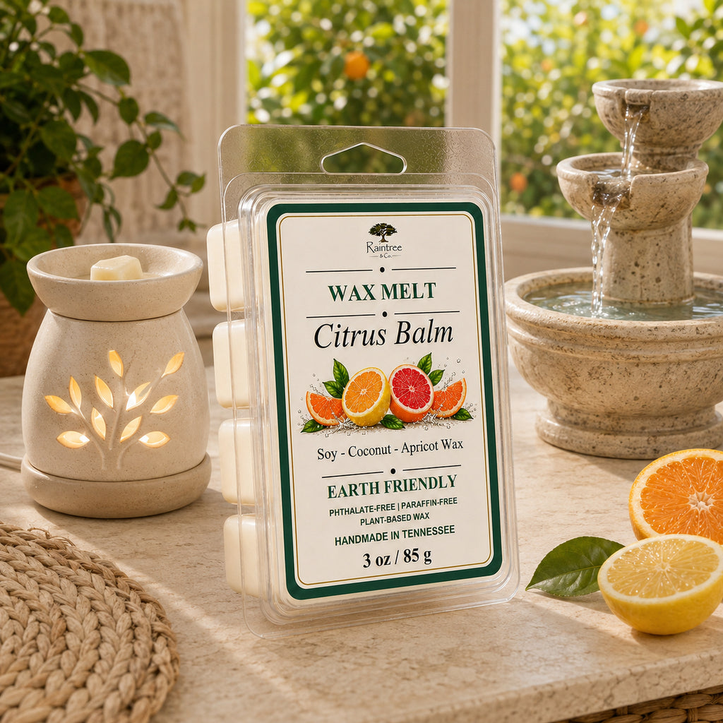 Raintree and Company 3oz Citrus Balm wax melt clamshell in a sunroom by a fountain