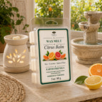 Raintree and Company 3oz Citrus Balm wax melt clamshell in a sunroom by a fountain