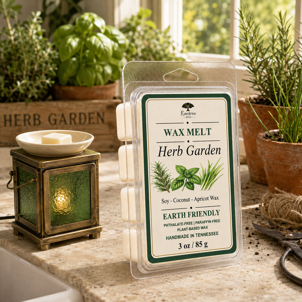 Raintree and Company 3oz Herb Garden wax melt clamshell in a garden potting nook