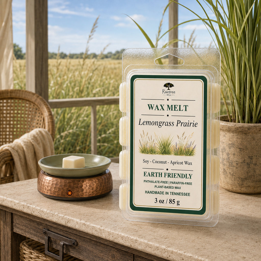 Raintree and Company 3oz Lemongrass Prairie wax melt clamshell on a screened porch