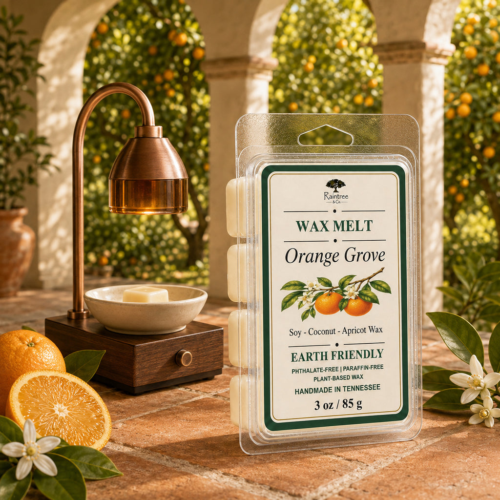 Raintree and Company 3oz Orange Grove wax melt clamshell on a veranda